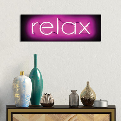 Neon Relax Pink On Black by Hailey Carr - Wrapped Canvas Panoramic Print