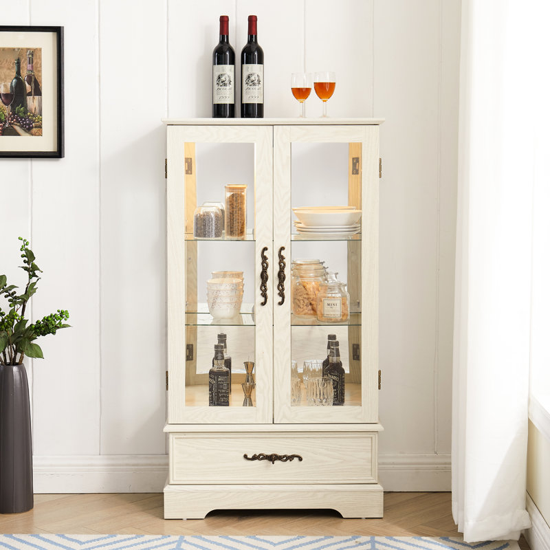 Armoire illuminée avec tiroir et tablettes - Poignée en verre élégante blanche réglable en bois, Blanc