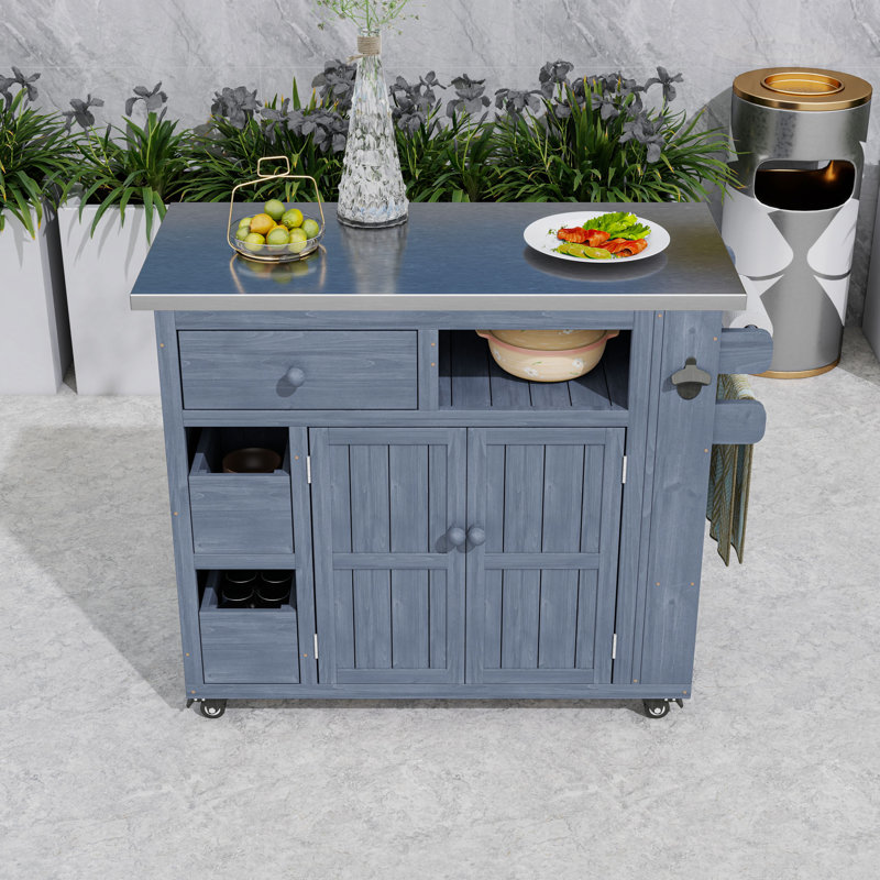 Îlot de cuisine extérieur extensible avec tiroirs, armoire et support à épices latéral, Gris