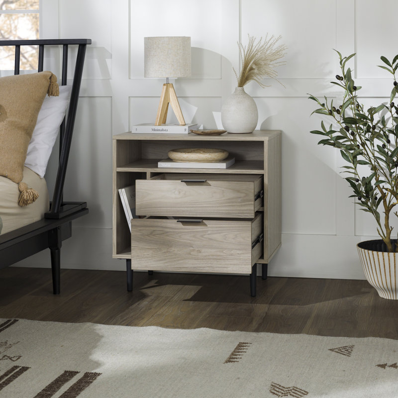 Aderita 2-Drawer Nightstand with Magazine Storage, Birch