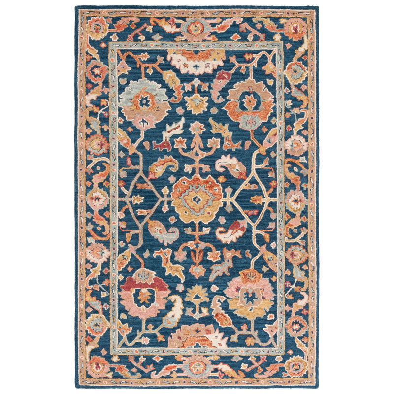 Menga Hand Tufted Wool Cotton Oriental Rug in Red/Navy, Rectangle 3' x 5'
