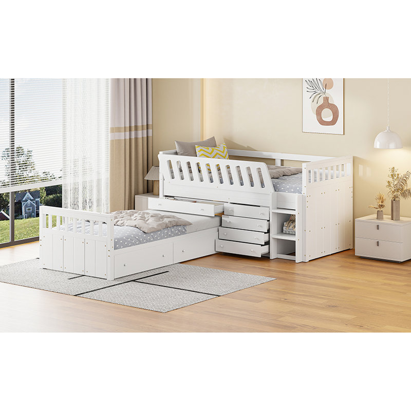 Lit mezzanine simple et lit plateforme - 7 tiroirs, blanc pour une chambre simplifiée et avec tiroirs de rangement spacieux