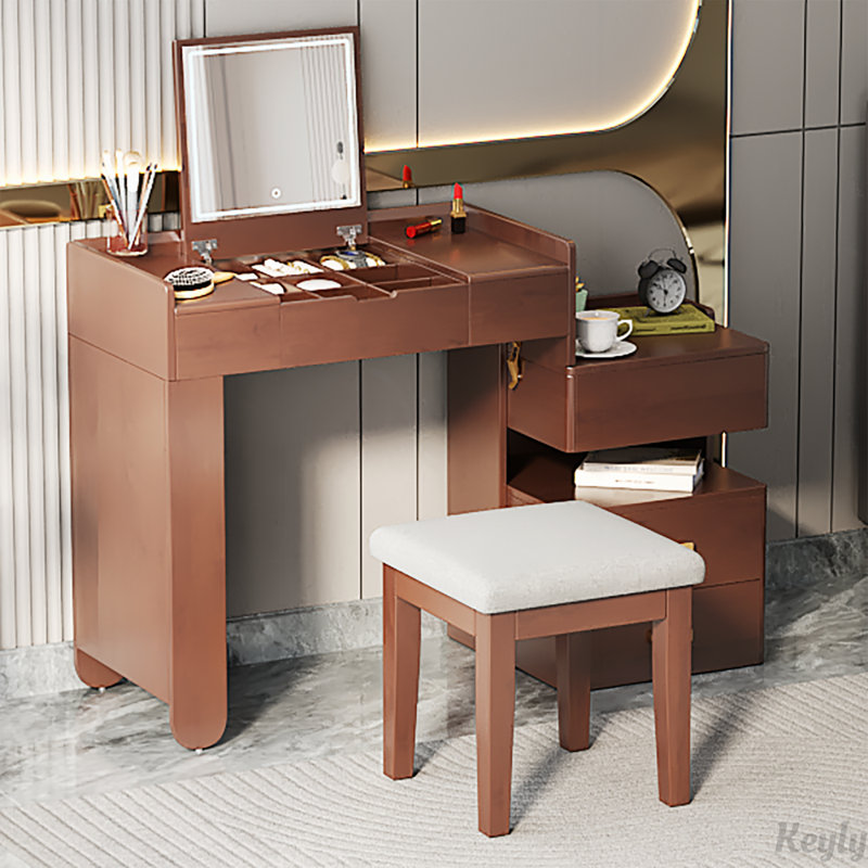 3-in-1 Makeup Vanity Desk with Flip-Top Mirror, LED Lighting, Adjustable Length and Ample Drawers, Walnut