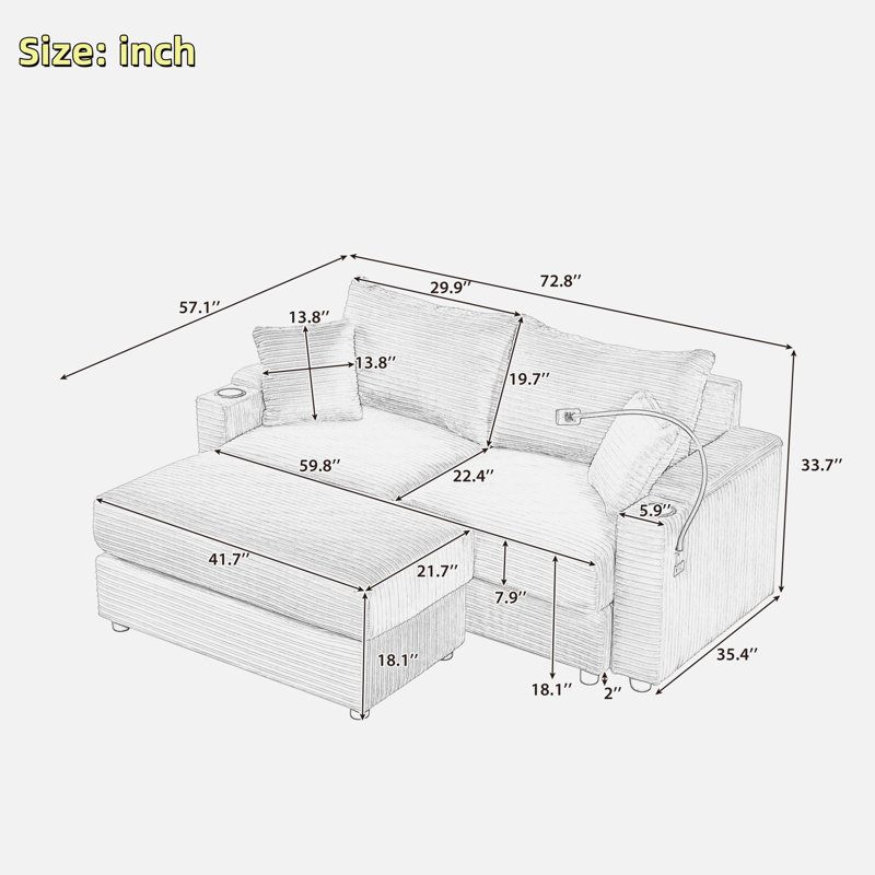 Sectional Sofa With Storage Space, A Movable Ottoman And Two Usb Ports, Beige