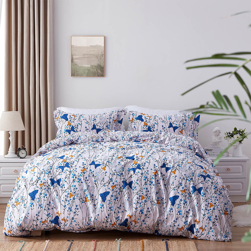 Ensemble de housse de couette réversible en microfibre bleue, Housse simple et 1 taie décorative, Papillons vifs
