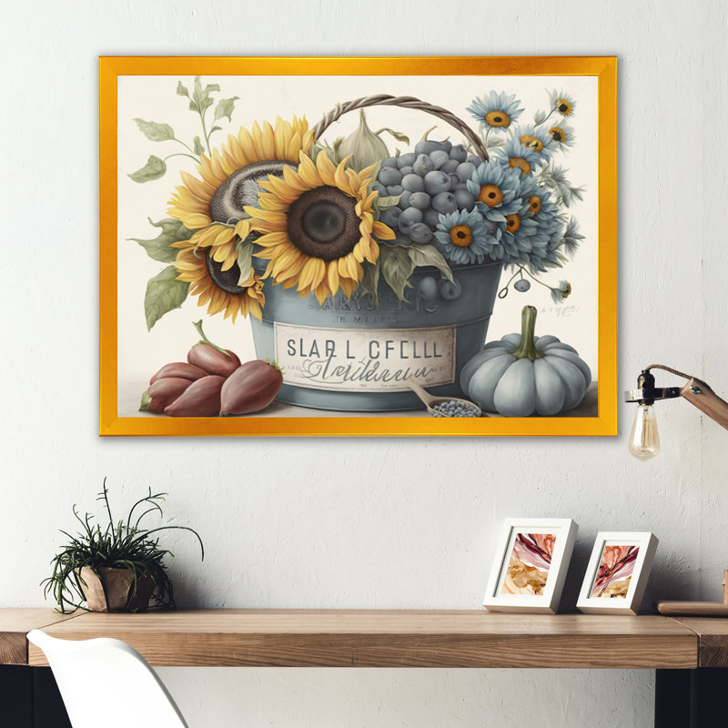 Fruit in basket V - Art mural, impression sur toile tournesol, Cadre doré simple, H 16 po x l 32 po x P 1 po