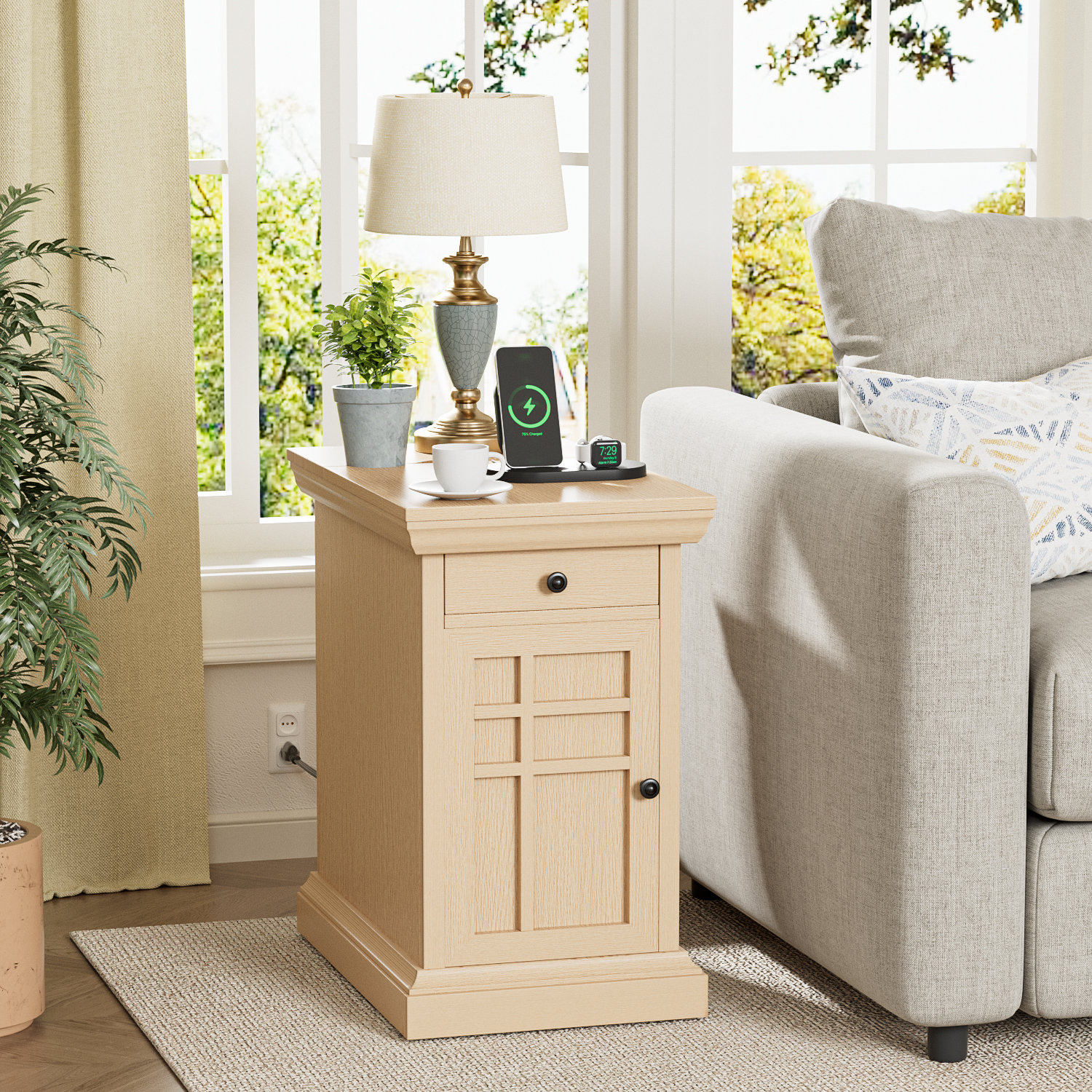 Angelynne Solid Wood Top Floor Shelf End Table Set with Storage and  Built-In Outlets