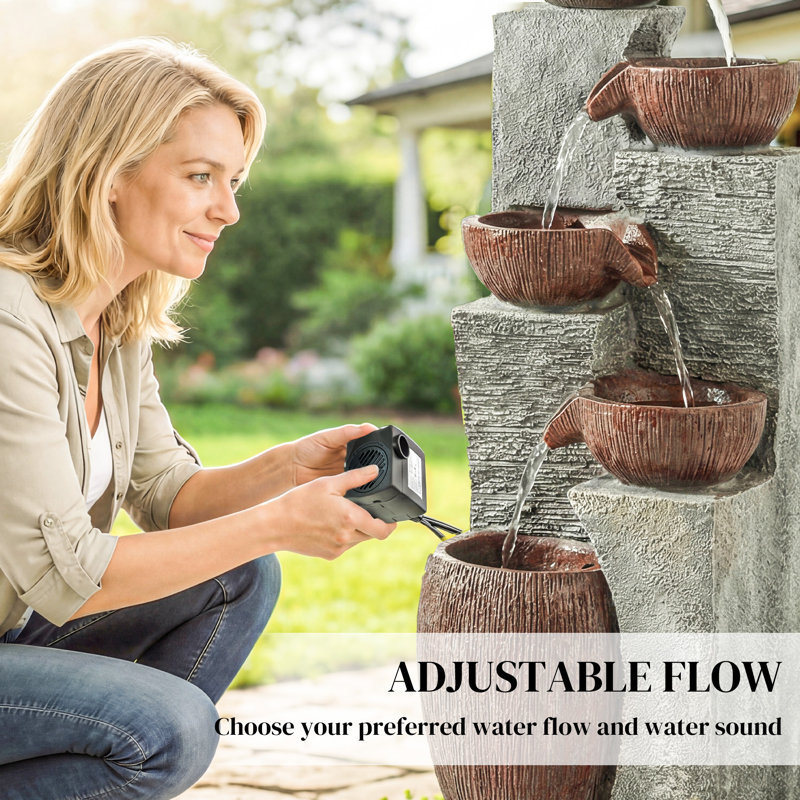 Outdoor Water Fountain with 5-Tier Crock Design, 51.2" Tall Cascading Waterfall Garden Fountain with LED Lights and Adjustable Flow, Rustic Decor for Patio, Backyard, Gray and Rustic Brown