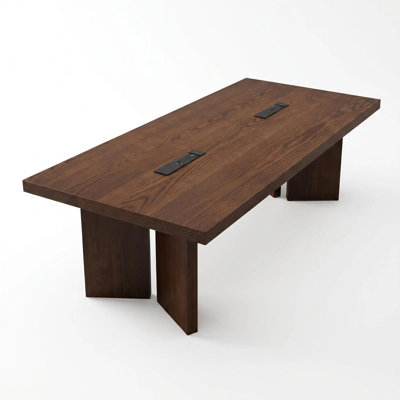 Modern Minimalist Nordic-Style Solid Wood Conference Table with Built-in Outlets, Thick Sturdy Legs, Natural Wood Grain, Easy to Clean