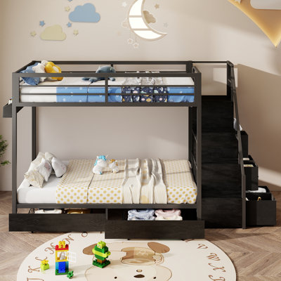 Bunk Bed Twin Over Twin with Stairs, Twin Bunk Bed with 8 Storage Drawers, Metal Twin Loft Beds with Hanging Area, Full-length Guardrail