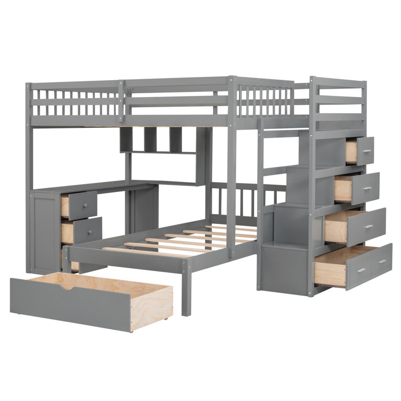 Lit superposé avec bureau, tiroirs et tablettes, Gris