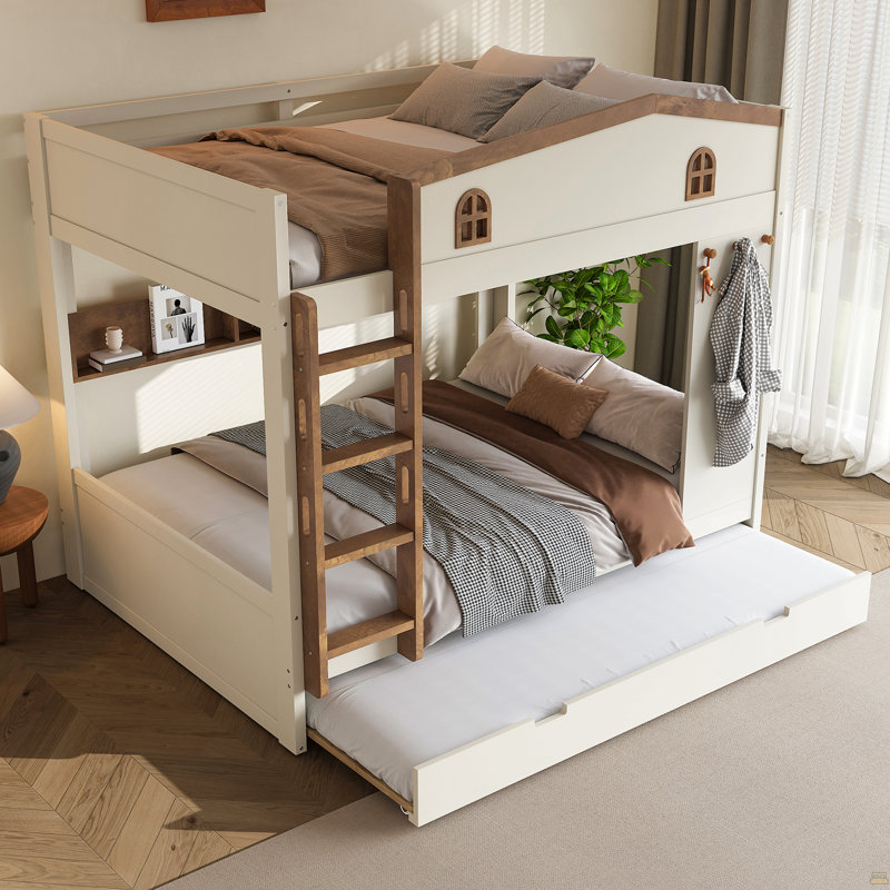 Lit superposé grand sur grand avec lit gigogne et tablettes de rangement, Beige / Naturel