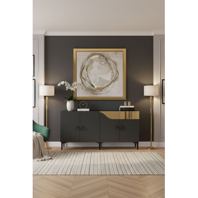 Console Adams avec option de fixation murale, finition anthracite et or, 59,1 po x 29,5 po x 12,6 po | 100% panneau de particules enduit de mélamine, épaisseur: 0,7 pouce | Nombreuses tablettes pour un rangement et une organisation élégants