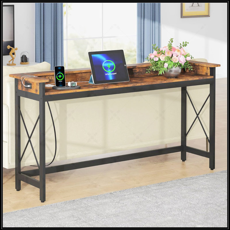 Console industrielle très longue de 70,9 pouces avec prises de courant, ports USB et finition brun rustique pour le salon et le vestibule