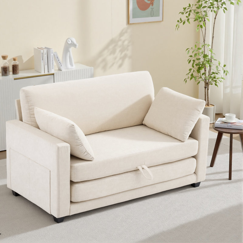52'' Chenille Upholstered Loveseat Pull-out Sleeper Chair Accent Chair Bed For Small Spaces, Beige