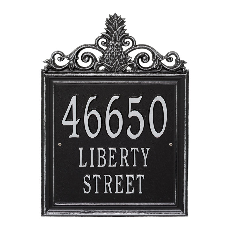 Plaque d'adresse murale à 3 lignes Lanai Pineapple, Noir / argent, Oui
