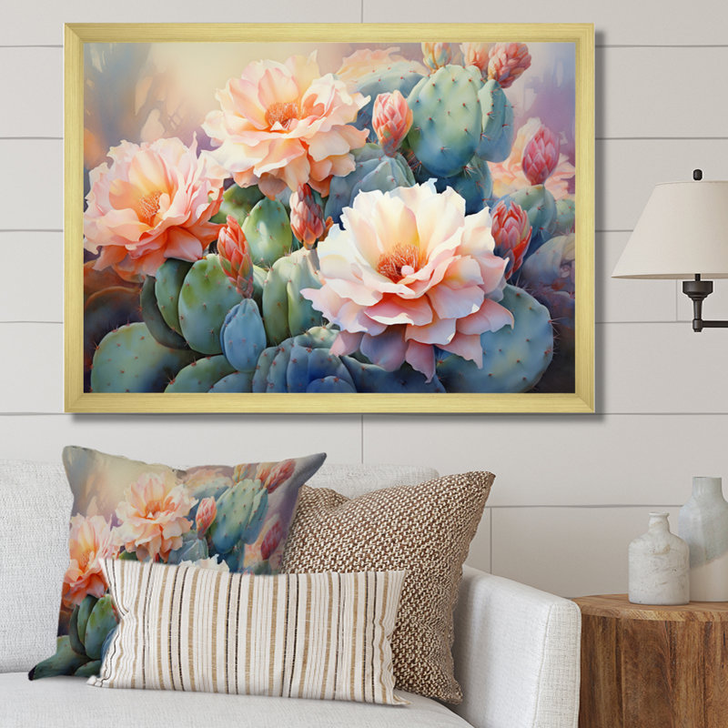 «Peach Green Cactus Romantic Impression», reproduction sur toile, Cadre doré à une seule photo, H 16 po x l 32 po x P 1 po