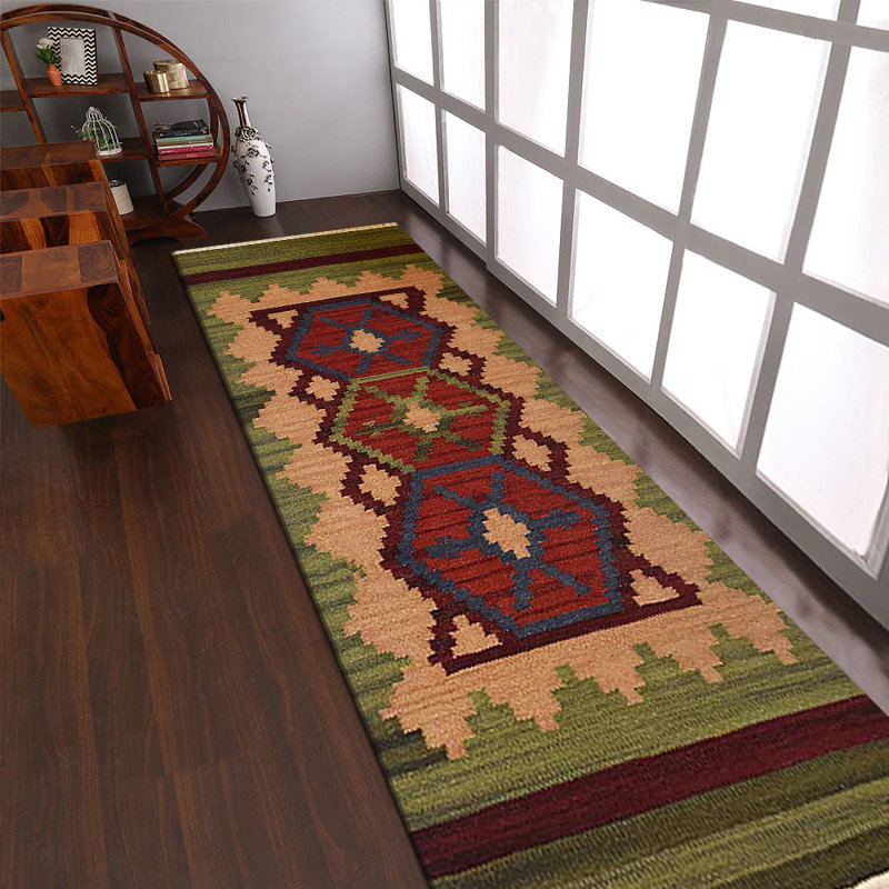 Alixia Hand Woven Flat Weave Kilim Wool Eco-Friendly Area Rugs  - Runner, Burgundy Olive Color, Contemporary Modern Design, Low Pile  Handmade Area Rugs for Living Room, Bed Room