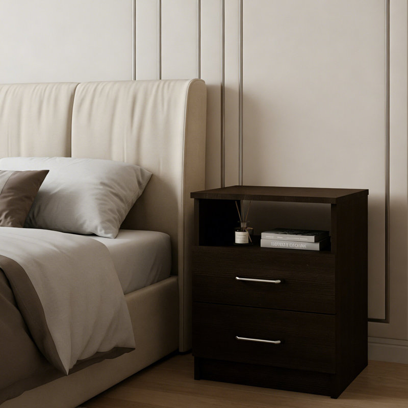 modern style Nightstand 20"H with Two Drawers, One Shelf, Superior Top, Black