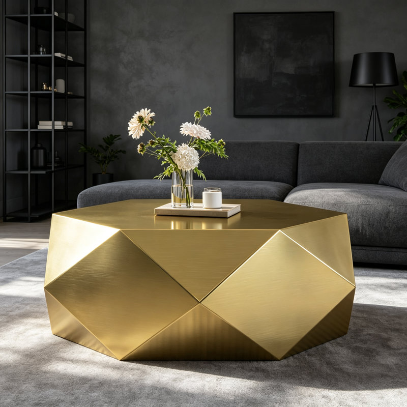 Table basse moderne en acier inoxydable, table de bout géométrique pour le salon, sans assemblage, Doré