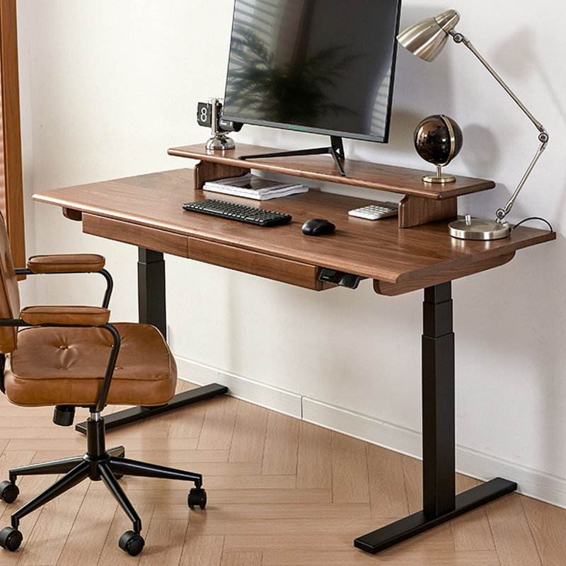 Walnut Rectangular Solid Wood with 2 drawers desk, 24.41"H×62.99"L×25.59"W