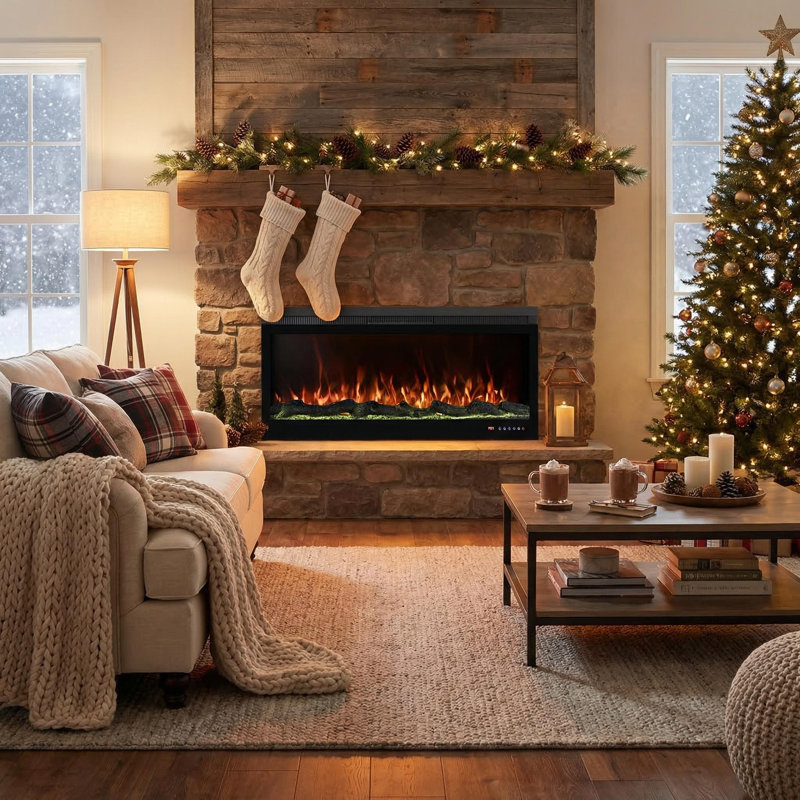 Linear Recessed-In Electric Fireplace With Remote Control, Adjustable Heat & Timer, 17.72" H x 42" W x 6.3" D