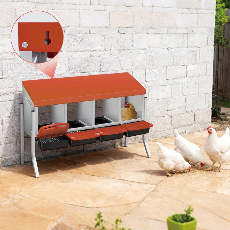 Boîtes de nidification pour poulets, boîte de ponte en acier galvanisé résistant aux intempéries avec perchoir à poignée et collection automatique d'œufs à enroulement, facile à nettoyer et à assembler rapidement pour le poulailler