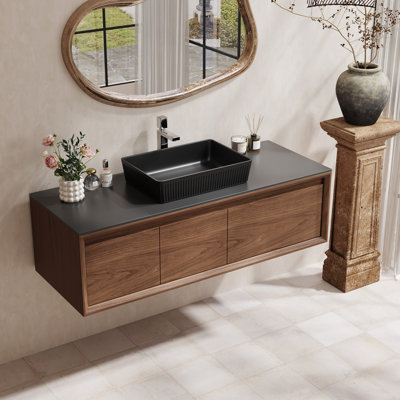Meuble-lavabo flottant 48 po avec lavabo rectangulaire en céramique, meuble-lavabo autoportant avec 1 armoire à double porte et 1 tiroir, comptoir en pierre noire