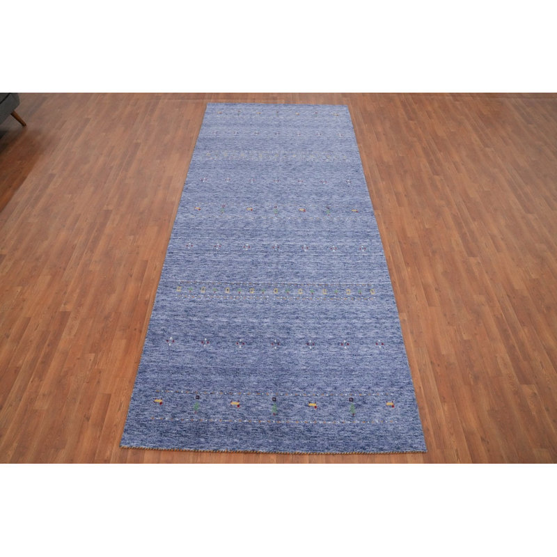 Tapis bleu fait à la main de style Gabbeh 5 x 12 avec un motif géométrique subtil