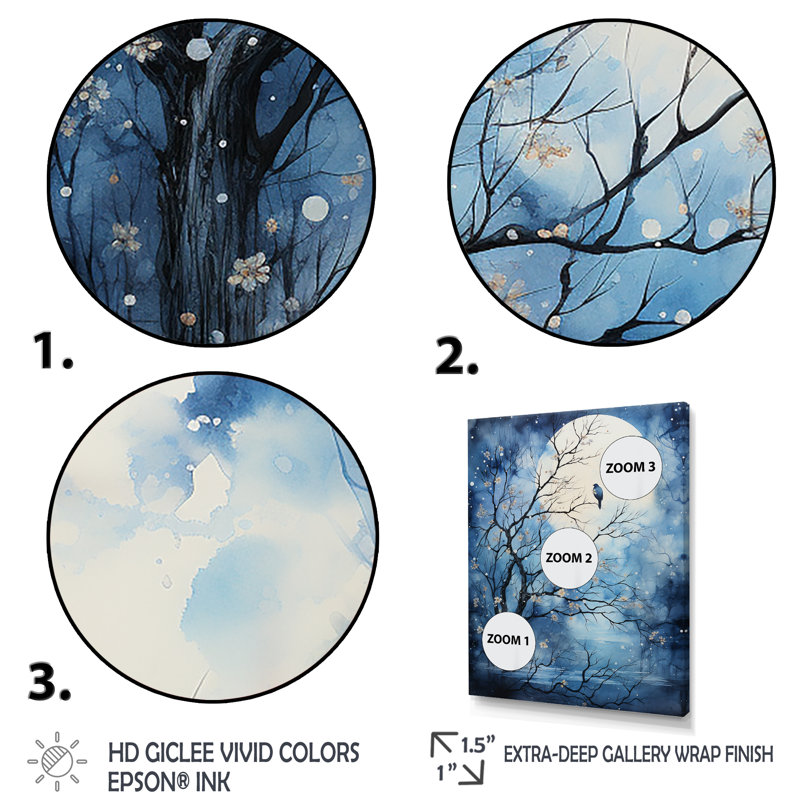 Reproduction d'art sur toile bleu et blanc au clair de lune II - paysage d'arbres, H 20 po x l 12 po x P 1 po, Toile tendue