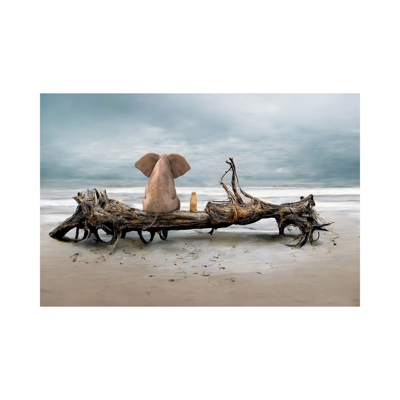 Elephant And A Dog Are Sitting On Driftwood by Mike Kiev - Wrapped Canvas Gallery-Wrapped Canvas Giclée