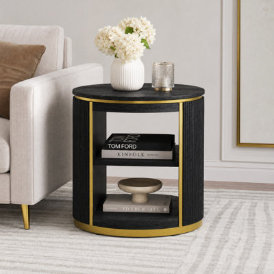 Black Round Solid Wood End Table with Storage, Fully Assembled Mid-Century Modern Living Room Side Table with Brushed Gold Trim & Fluted Base