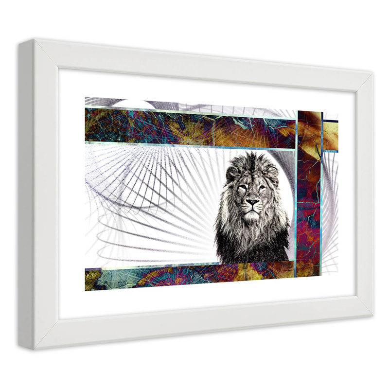 Lion - Single Picture Frame Print, 70cm H x 100cm W, White
