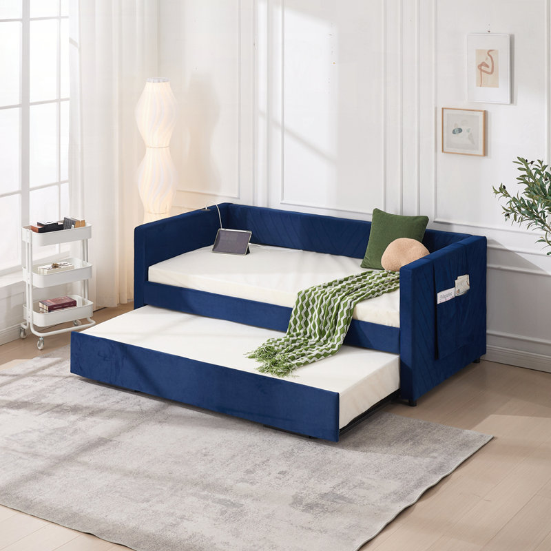 Modern V-Grained Bed with Trundle, USB Port, and Side Pockets for Convenience and Space Efficiency, Navy