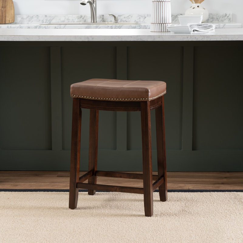 Tabouret en bois massif avec siège rembourré Bartonville, Tabouret de comptoir (assise à une hauteur de 26,