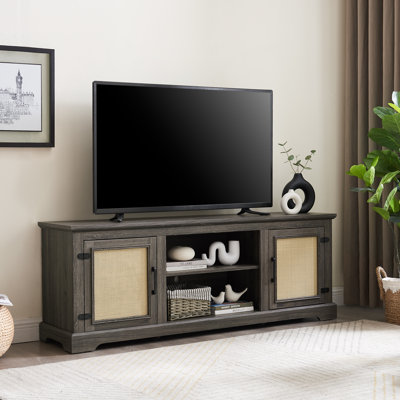 Farmhouse Rattan Tv Stand Console Table - 65" Wide For Tvs Up To 70 Inches, With 2 Storage Shelves & 2 Rattan Door Cabinets, Cable Management Cutouts,
