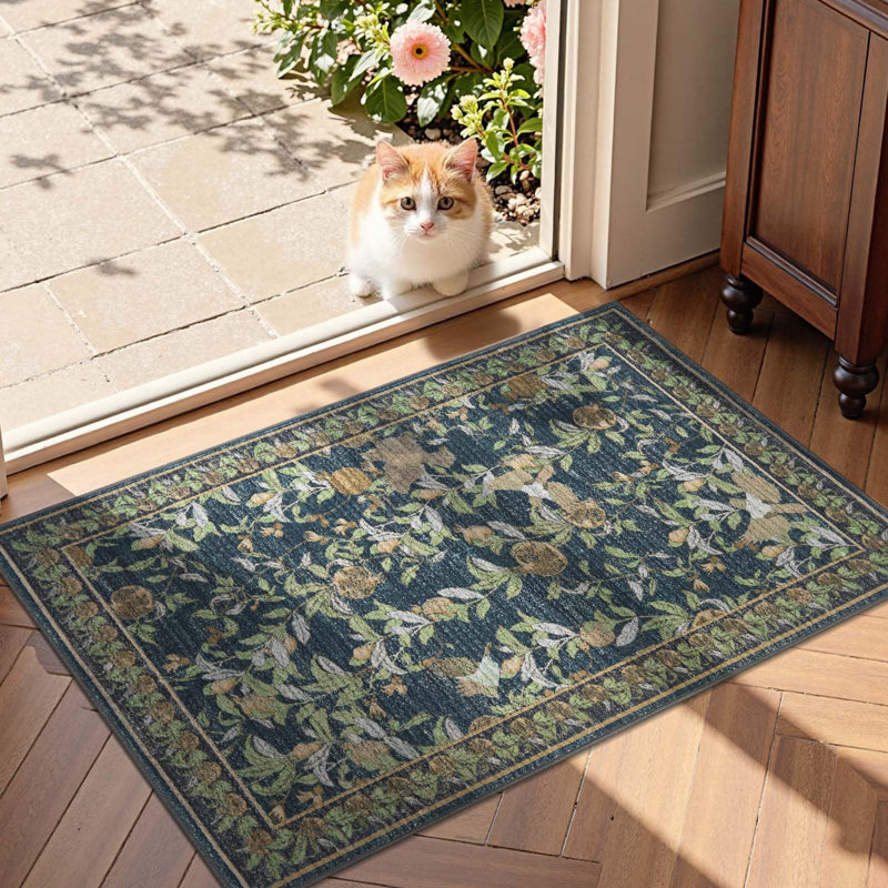 Eden Floral Rug Soft Vintage Fall Decor Washable Non-slip Distressed Blue, Distressed Blue, Rectangle 2' x 3'