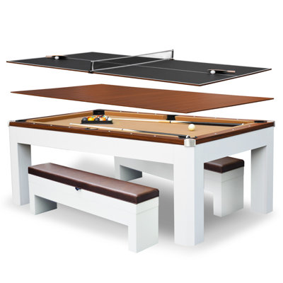 Ensemble de table de billard et de jeux multiples de 7 pi avec plateau de table à manger et de table de ping-pong Hathaway Newport ‑ banc pour le rangement de la maison et les accessoires inclus