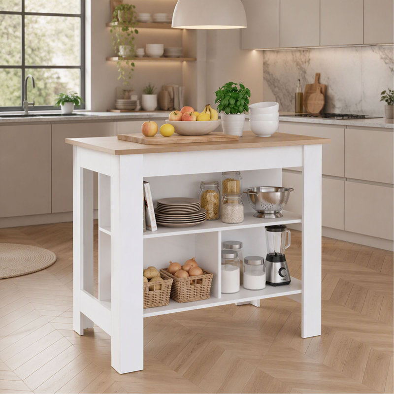 Îlot de cuisine, trois tablettes ouvertes, une tablette supérieure, quatre pieds, un décor de cuisine moderne, White