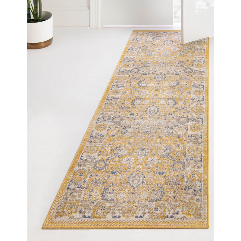 Tapis traditionnel Matthei couleur moutarde, Tapis de couloir 2 pi x 6 pi