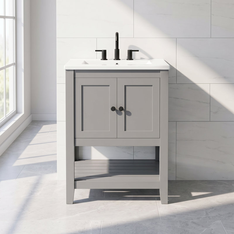 Meuble-lavabo gris de 61 cm (24 pouces) avec lavabo en céramique et cadre en bois massif