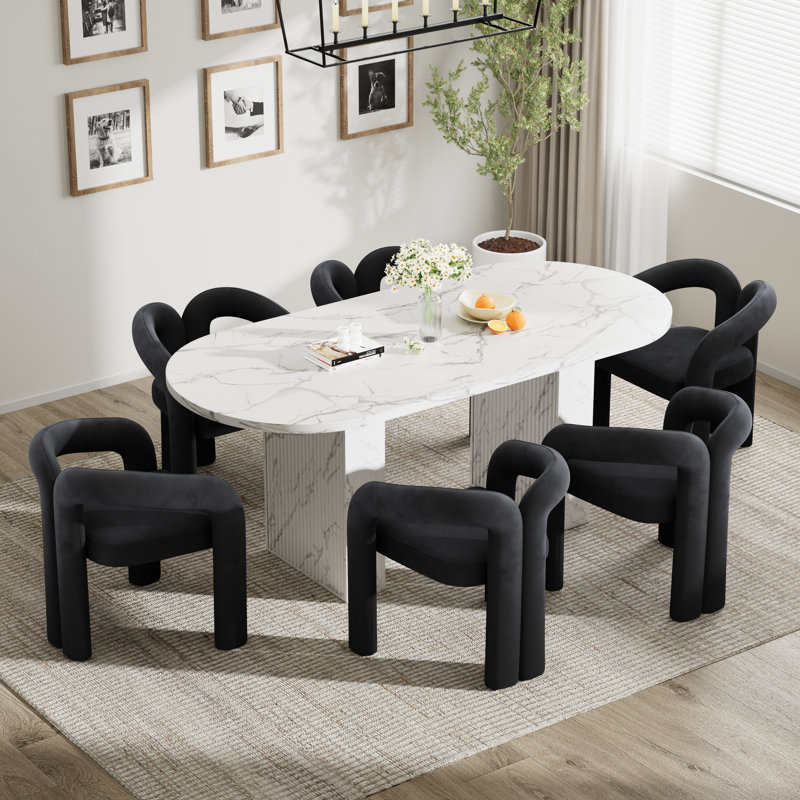 Ensemble de table de salle à manger 62,9 pouces, Blanc, 7 pièces : table, 6 chaises, Noir