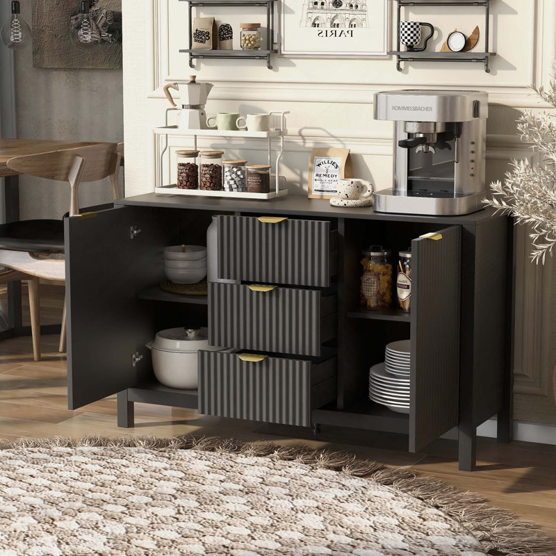 Buffet à motif ondulé - 3 tablettes réglables, 3 tiroirs et portes à fermeture en douceur, console de rangement avec poignées en métal, convient pour le bureau, le couloir et le salon