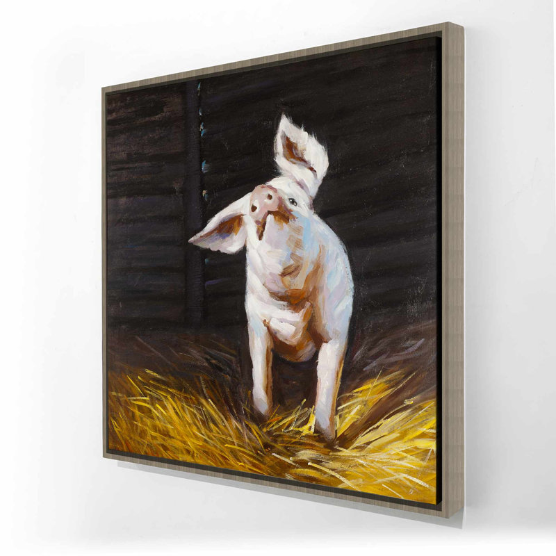 «Happy Pig» - Toile encadrée à motif d'animaux bruns