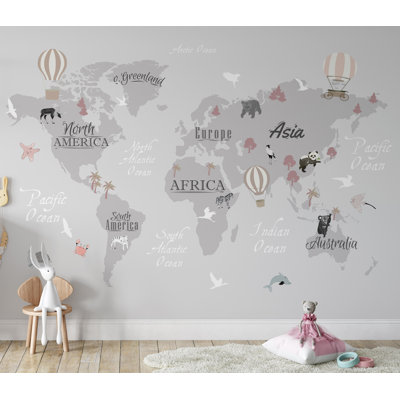 Kids World Map Gray Background Wallpaper -  wallpaew, 1733074922W39