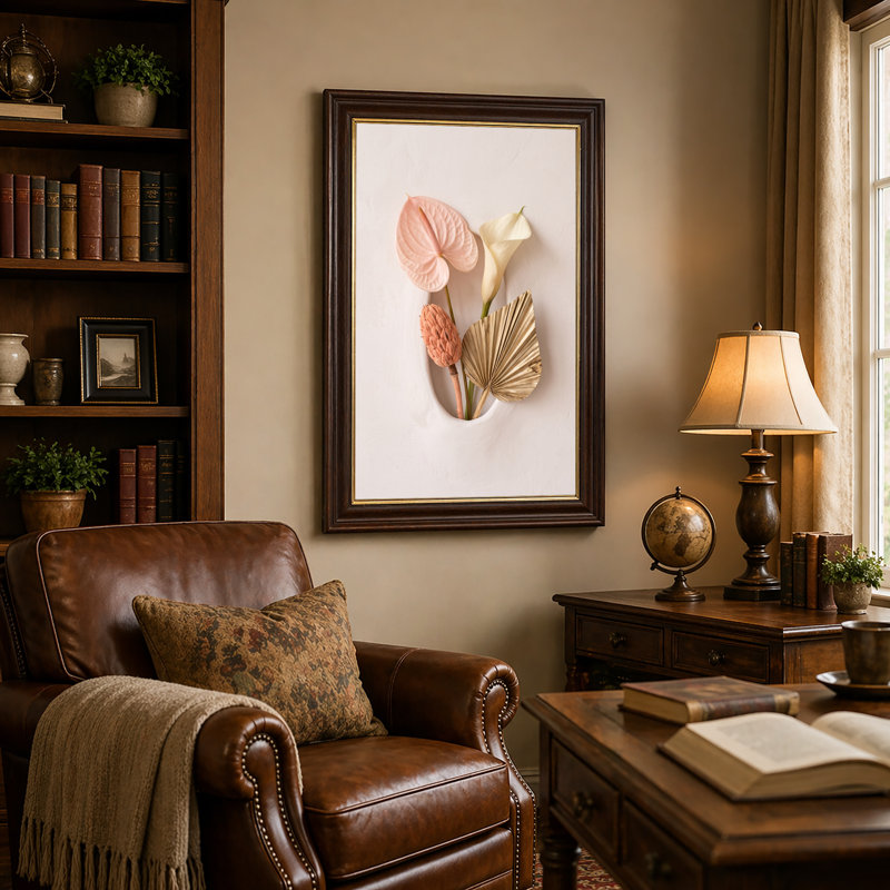 Art mural sur toile rose avec feuille de palmier séchée et anthurium rose, 18"H x 12"W