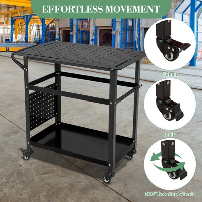 Tables de soudage avec roues pour atelier 36 po x 24 po, table de soudage en acier sur roulettes, banc de travail portatif avec roulettes verrouillables, 4 fentes à outils, trous de 5/8 po, plateau à outils