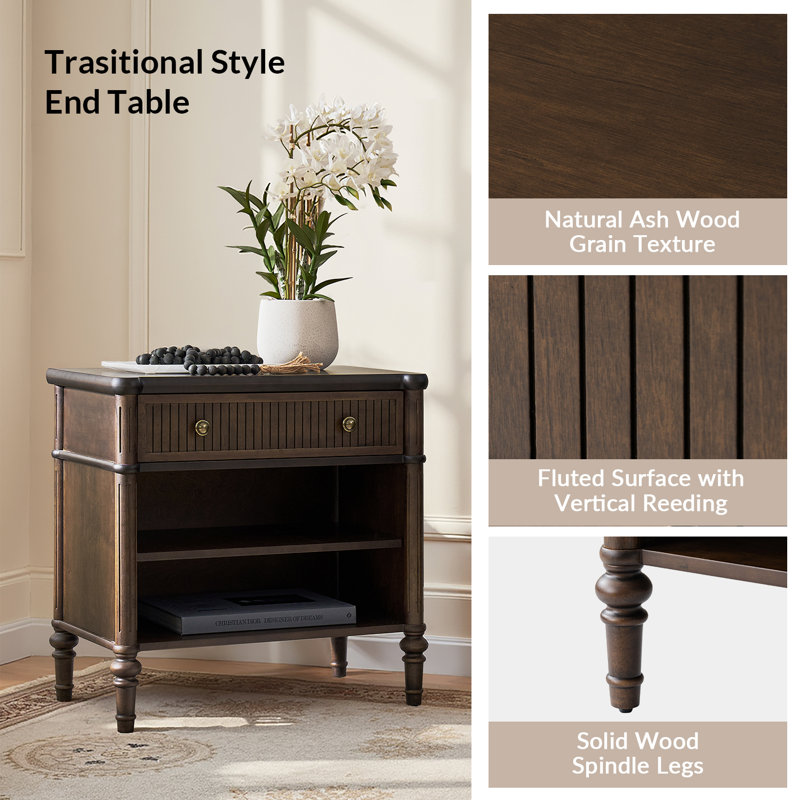Hoai Transitional 26"W Fluted 1-Drawer Solid End Table with Built-In Charging Station, Walnut