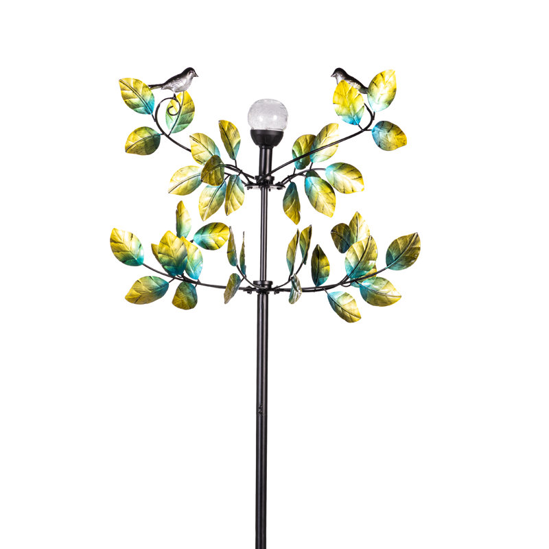 Tourne-vent solaire oiseau et feuilles, 80 po