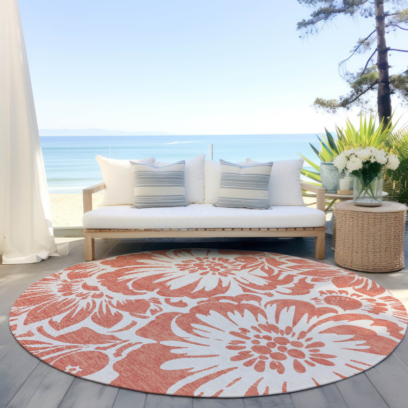 Midlothian Washable Floral Indoor / Outdoor Rug, Round 8'